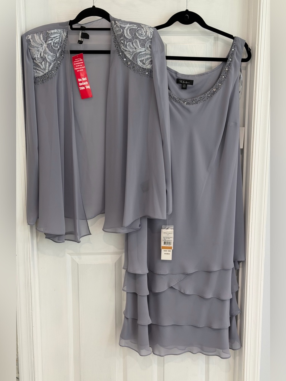 SL Fashions Slate Gray Beaded Layered Chiffon Dress with Jacket